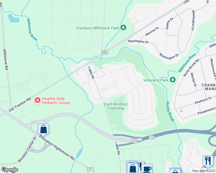 map of restaurants, bars, coffee shops, grocery stores, and more near Wyncrest Drive in East Windsor