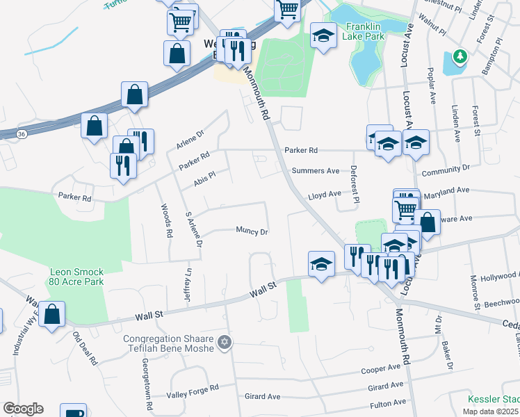 map of restaurants, bars, coffee shops, grocery stores, and more near 18 Muncy Drive in West Long Branch