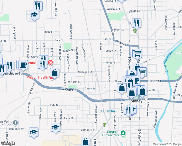 map of restaurants, bars, coffee shops, grocery stores, and more near 516 Michigan Street in Sidney