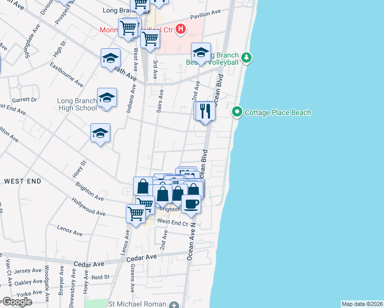 map of restaurants, bars, coffee shops, grocery stores, and more near 470 Ocean Boulevard in Long Branch