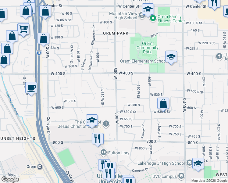 map of restaurants, bars, coffee shops, grocery stores, and more near 494 South 800 West Street in Orem
