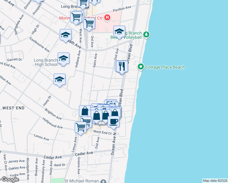 map of restaurants, bars, coffee shops, grocery stores, and more near 470 Ocean Boulevard in Long Branch