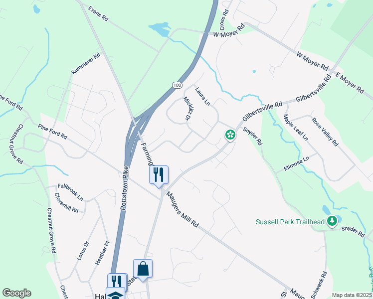 map of restaurants, bars, coffee shops, grocery stores, and more near 1599 Laura Ln in Pottstown