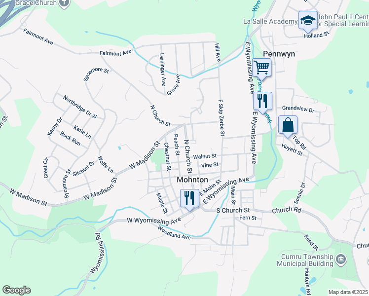 map of restaurants, bars, coffee shops, grocery stores, and more near 236 North Church Street in Mohnton