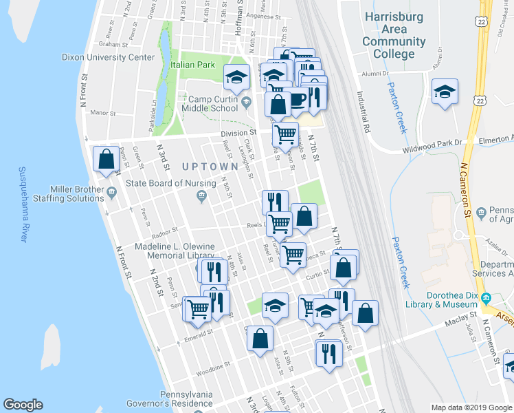 map of restaurants, bars, coffee shops, grocery stores, and more near 2600 North 6th Street in Harrisburg