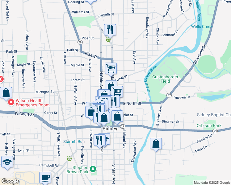 map of restaurants, bars, coffee shops, grocery stores, and more near Lane Street in Sidney