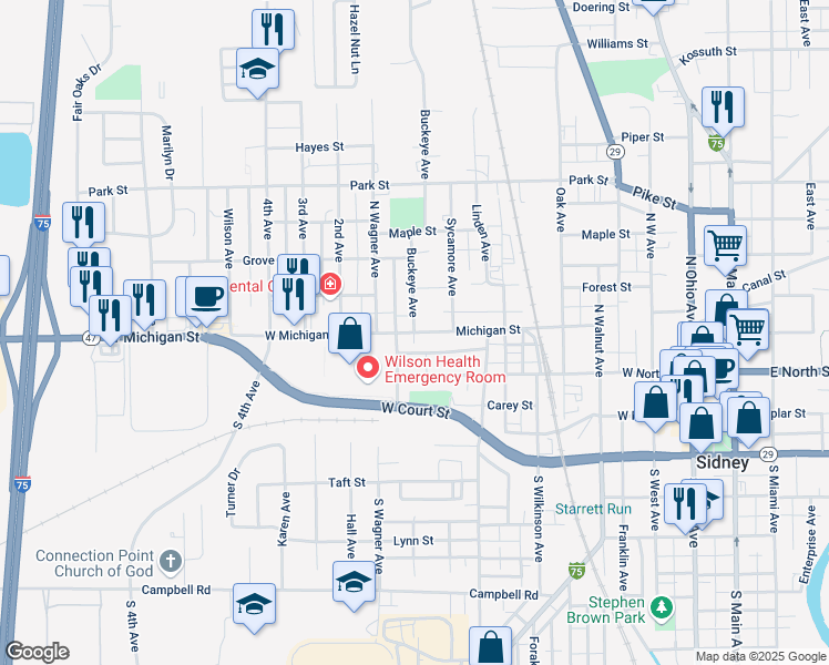 map of restaurants, bars, coffee shops, grocery stores, and more near 301 Buckeye Avenue in Sidney
