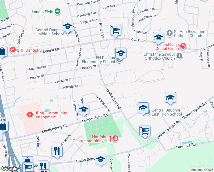 map of restaurants, bars, coffee shops, grocery stores, and more near 4963 Wynnewood Road in Harrisburg