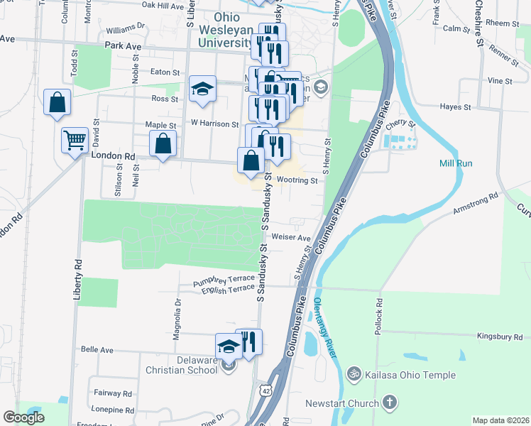 map of restaurants, bars, coffee shops, grocery stores, and more near 335 South Sandusky Street in Delaware