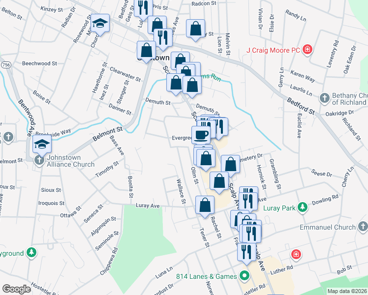 map of restaurants, bars, coffee shops, grocery stores, and more near 399 Boxler Drive in Johnstown