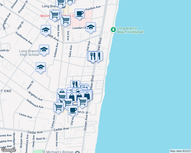 map of restaurants, bars, coffee shops, grocery stores, and more near 26 Avery Avenue in Long Branch