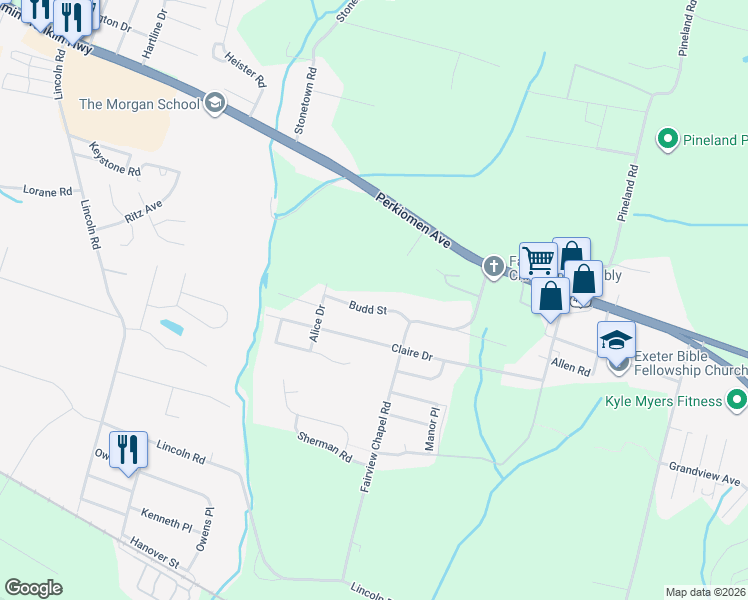 map of restaurants, bars, coffee shops, grocery stores, and more near 1343 Budd Street in Birdsboro