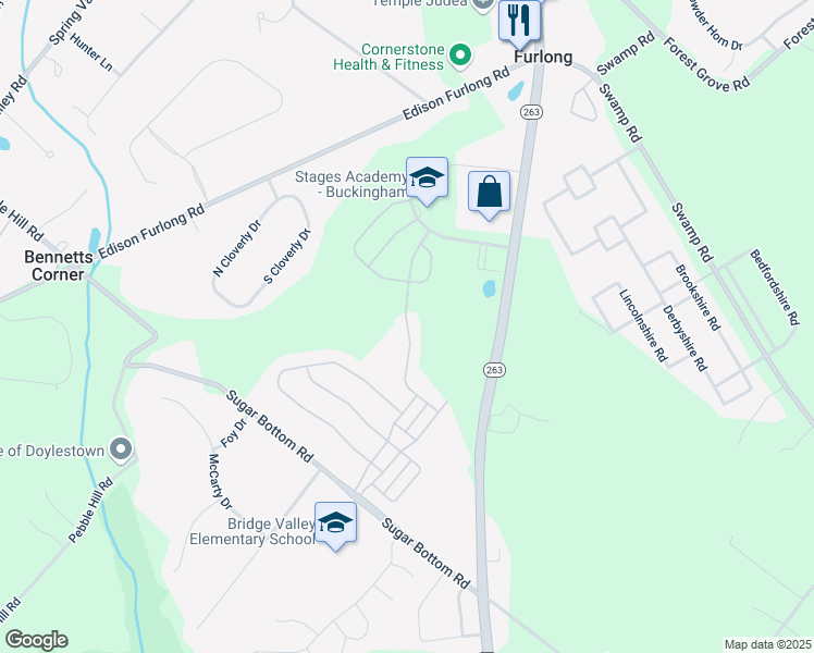 map of restaurants, bars, coffee shops, grocery stores, and more near Rosemont Terrace in Furlong