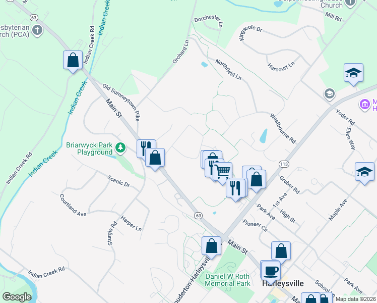 map of restaurants, bars, coffee shops, grocery stores, and more near 695 Main Street in Harleysville
