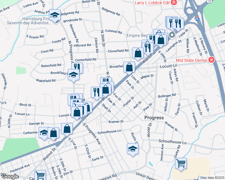 map of restaurants, bars, coffee shops, grocery stores, and more near 3602 Walnut Street in Harrisburg