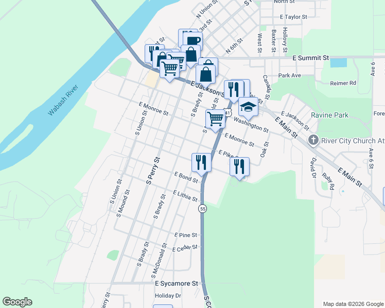 map of restaurants, bars, coffee shops, grocery stores, and more near 502 South McDonald Street in Attica