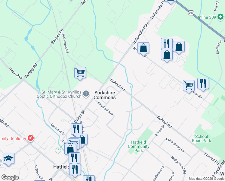 map of restaurants, bars, coffee shops, grocery stores, and more near 2371 Cambridge Circle in Hatfield