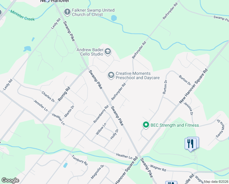 map of restaurants, bars, coffee shops, grocery stores, and more near 2921 Reifsnyder Road in Gilbertsville