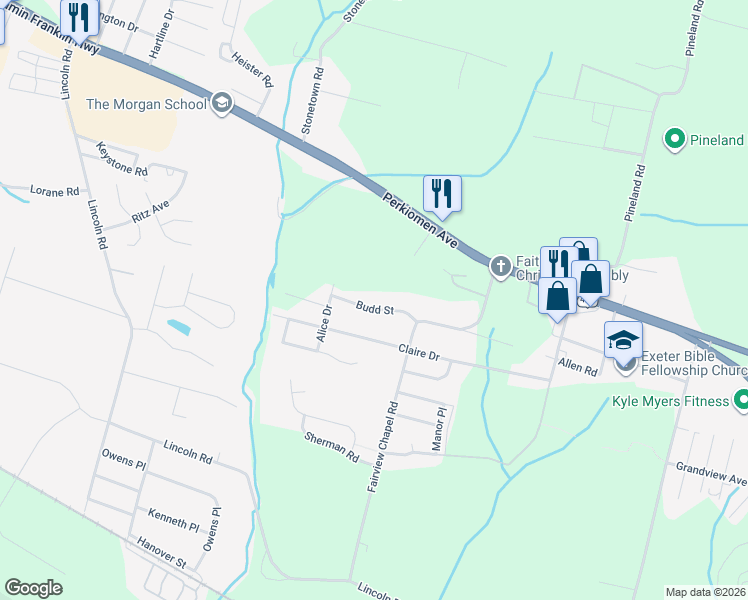 map of restaurants, bars, coffee shops, grocery stores, and more near 1343 Budd Street in Birdsboro