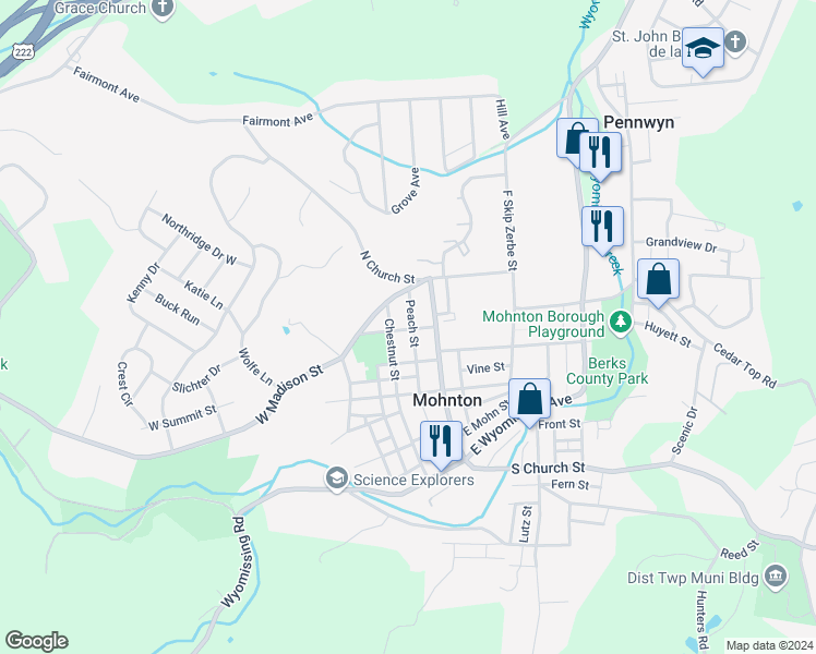 map of restaurants, bars, coffee shops, grocery stores, and more near 236 North Church Street in Mohnton