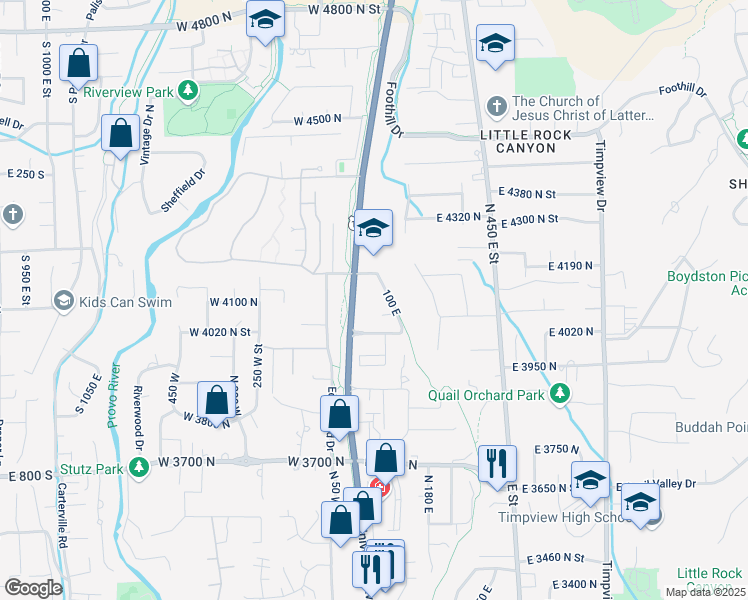 map of restaurants, bars, coffee shops, grocery stores, and more near 4146 North University Avenue in Provo