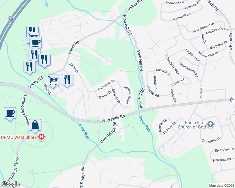 map of restaurants, bars, coffee shops, grocery stores, and more near 2231 Brigade Road in Enola
