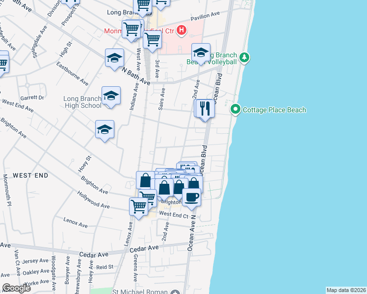 map of restaurants, bars, coffee shops, grocery stores, and more near 510 2nd Avenue in Long Branch