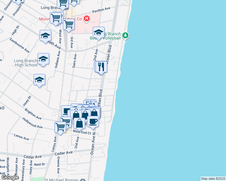 map of restaurants, bars, coffee shops, grocery stores, and more near 510 Ocean Avenue in Long Branch