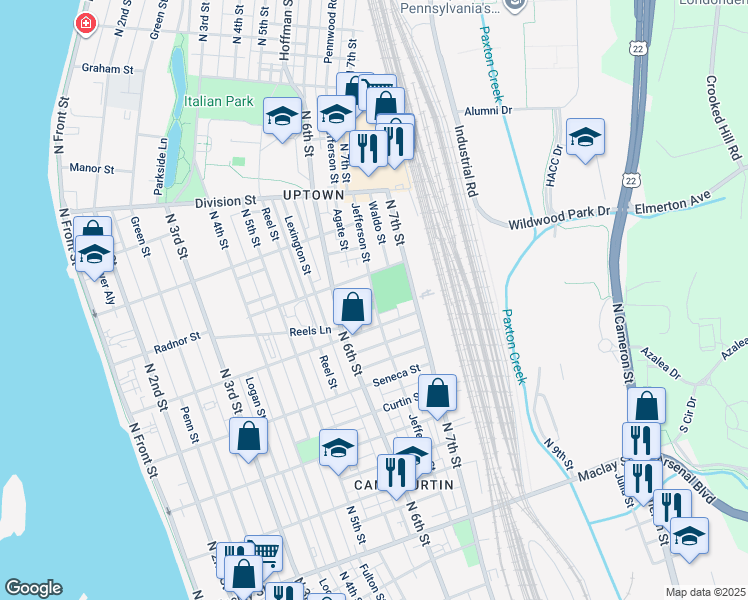 map of restaurants, bars, coffee shops, grocery stores, and more near 2532 Jefferson Street in Harrisburg