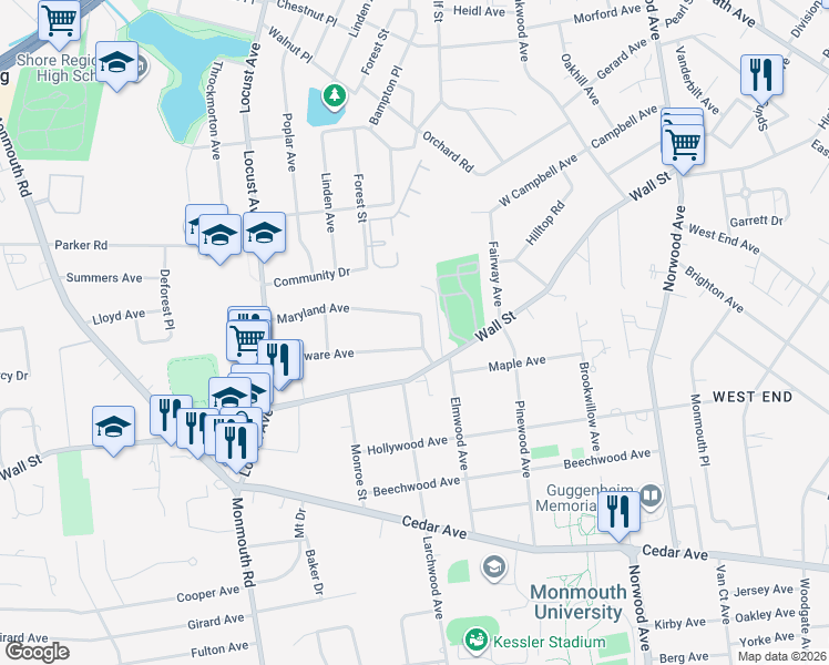 map of restaurants, bars, coffee shops, grocery stores, and more near 73 Maryland Avenue in West Long Branch
