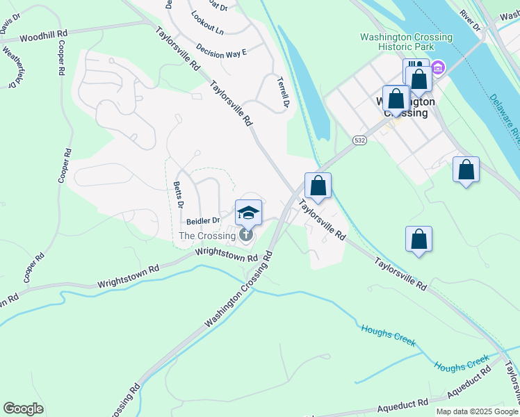 map of restaurants, bars, coffee shops, grocery stores, and more near 7 Beidler Drive in Washington Crossing