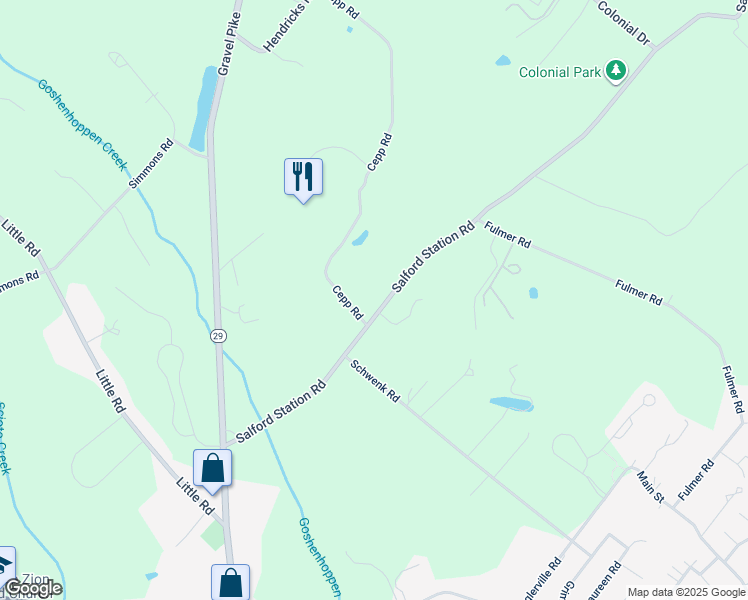 map of restaurants, bars, coffee shops, grocery stores, and more near 204 Salford Station Road in Perkiomenville