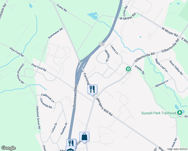 map of restaurants, bars, coffee shops, grocery stores, and more near 1460 Laura Lane in Pottstown