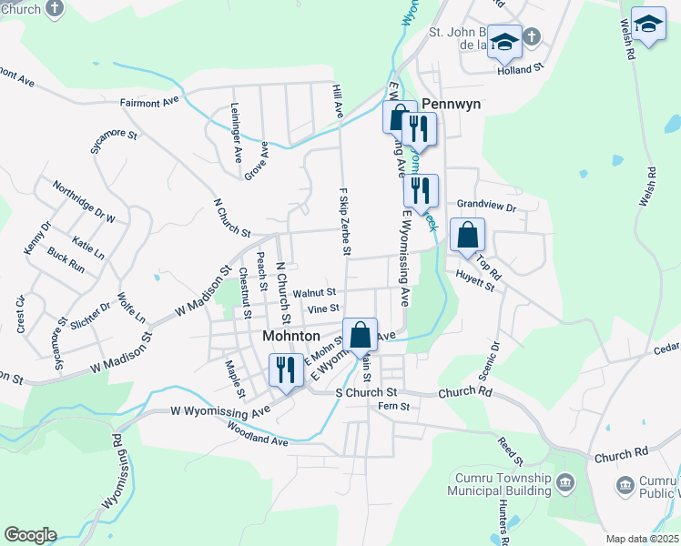 map of restaurants, bars, coffee shops, grocery stores, and more near 200 F Skip Zerbe Street in Mohnton