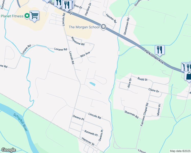 map of restaurants, bars, coffee shops, grocery stores, and more near 6202 Pond View Drive in Birdsboro