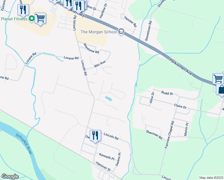 map of restaurants, bars, coffee shops, grocery stores, and more near 6202 Pond View Drive in Birdsboro