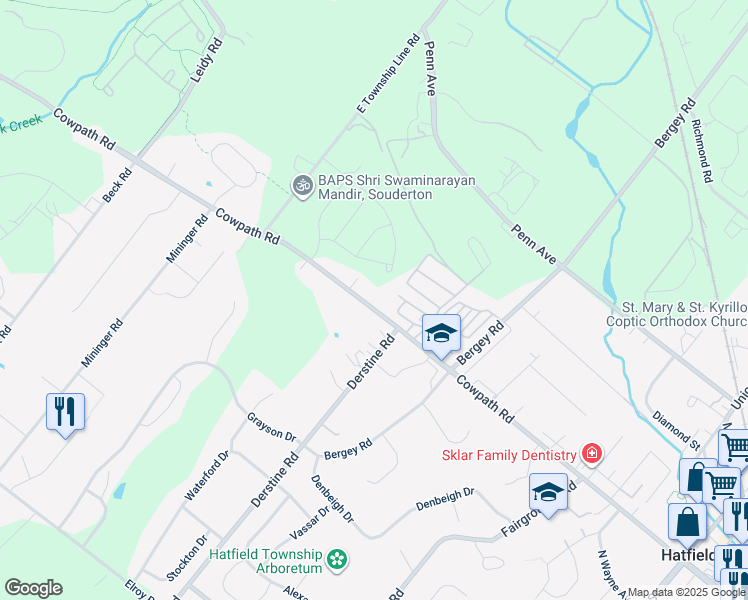 map of restaurants, bars, coffee shops, grocery stores, and more near 3063 Cowpath Road in Souderton
