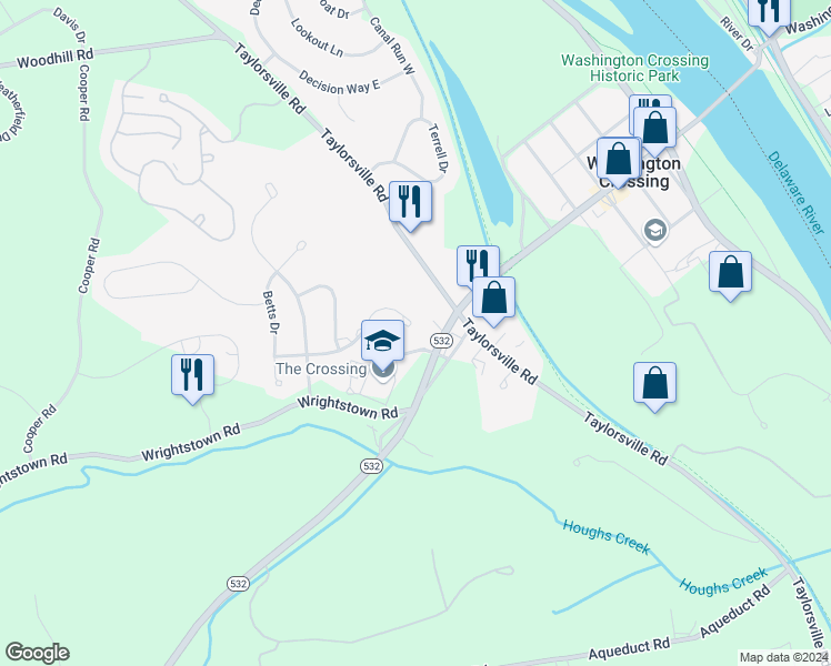 map of restaurants, bars, coffee shops, grocery stores, and more near 1 Beidler Drive in Washington Crossing