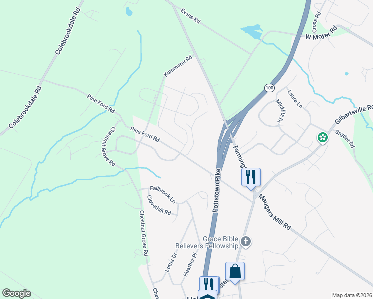 map of restaurants, bars, coffee shops, grocery stores, and more near 321 Summer Grove Lane in Pottstown