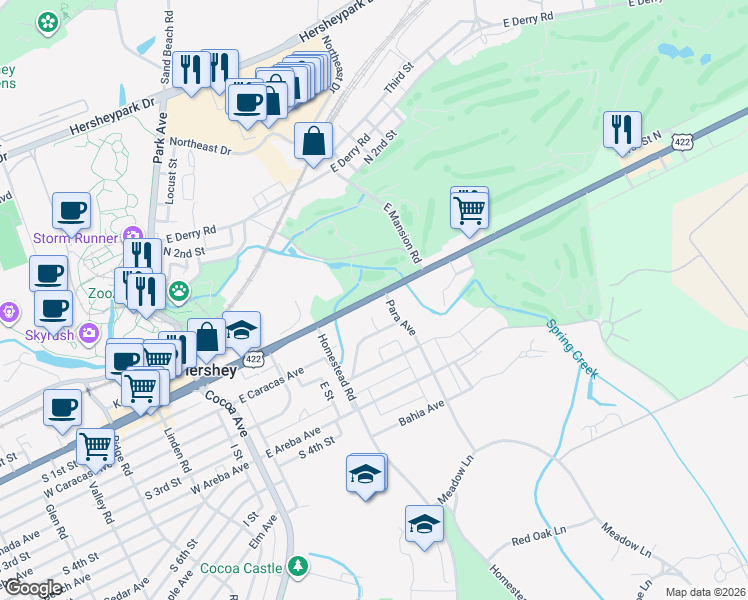 map of restaurants, bars, coffee shops, grocery stores, and more near 278 East Chocolate Avenue in Hershey