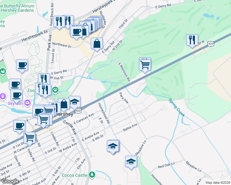 map of restaurants, bars, coffee shops, grocery stores, and more near 278 East Chocolate Avenue in Hershey