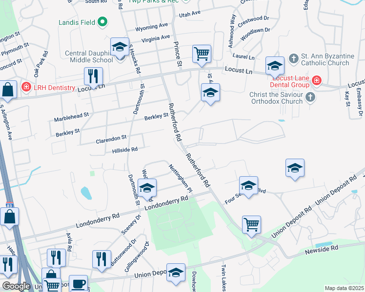 map of restaurants, bars, coffee shops, grocery stores, and more near 4879 Wynnewood Road in Harrisburg