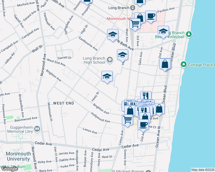 map of restaurants, bars, coffee shops, grocery stores, and more near 255 West End Avenue in Long Branch