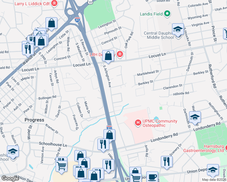 map of restaurants, bars, coffee shops, grocery stores, and more near in Dauphin County