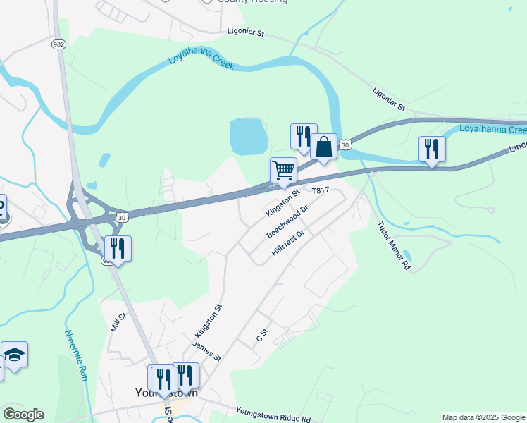 map of restaurants, bars, coffee shops, grocery stores, and more near 119 Edgewater Village in Latrobe