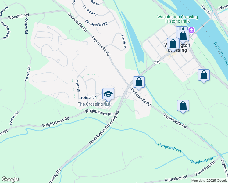 map of restaurants, bars, coffee shops, grocery stores, and more near 7 Beidler Drive in Washington Crossing