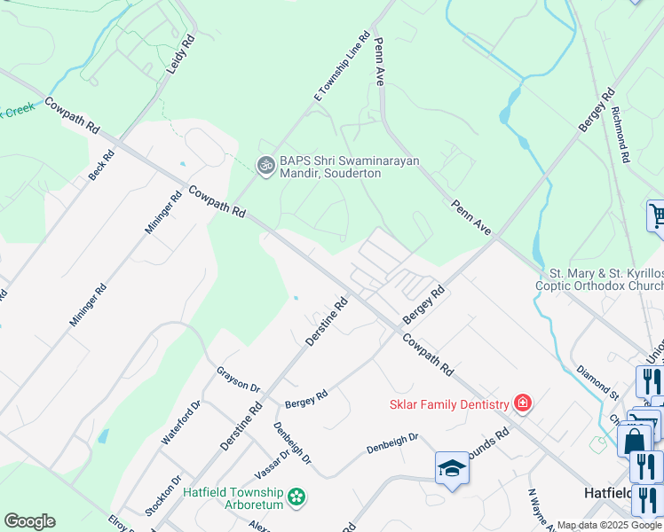 map of restaurants, bars, coffee shops, grocery stores, and more near 3063 Cowpath Road in Souderton