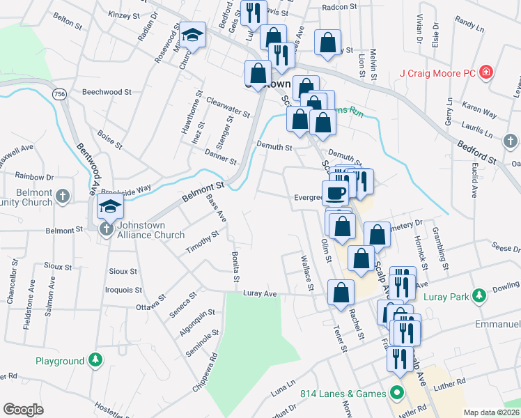 map of restaurants, bars, coffee shops, grocery stores, and more near 59 Merchant Avenue in Johnstown