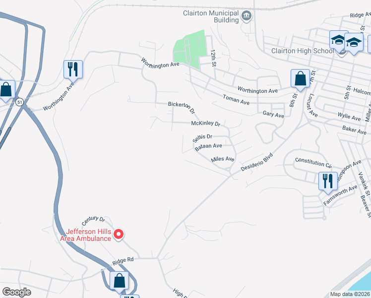 map of restaurants, bars, coffee shops, grocery stores, and more near 7001 McKinley Court in Clairton