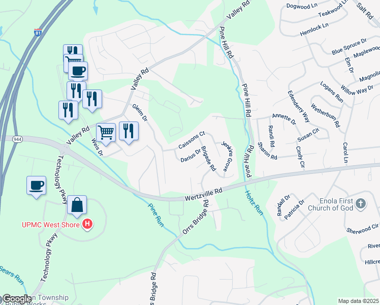 map of restaurants, bars, coffee shops, grocery stores, and more near 4082 Darius Drive in Enola